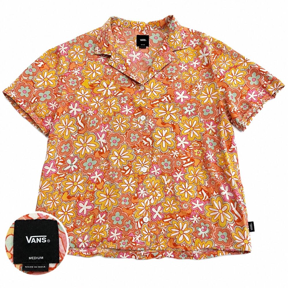 Vans Resort Floral Shirt Womens M Retro 70s Camp Collar Sun Baked Button Up